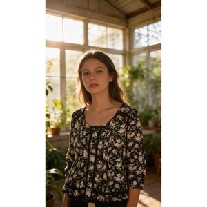 Maeve Anthropologie Floral Crochet Lace Trim Pleated Peplum Blouse Top Size 10